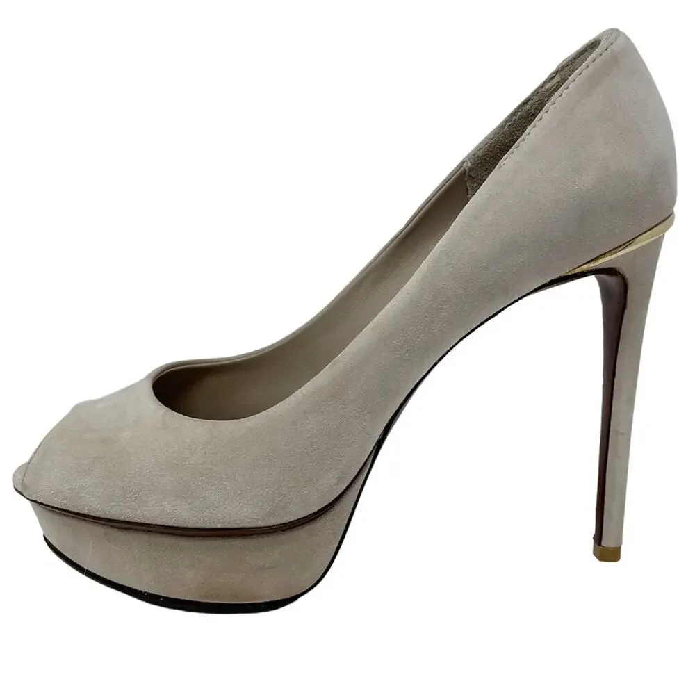 Louis Vuitton Eyeline neutral suede peep toe platform pumps size 37 US 6.5